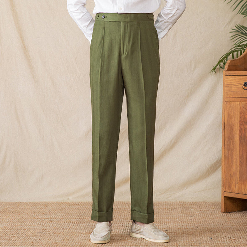 Men’s Cotton Linen Straight Fit Pleated Trousers