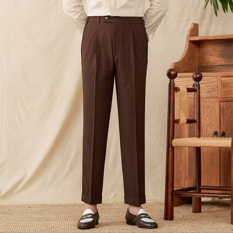 Men’s Seersucker Pleated Straight Fit Trousers