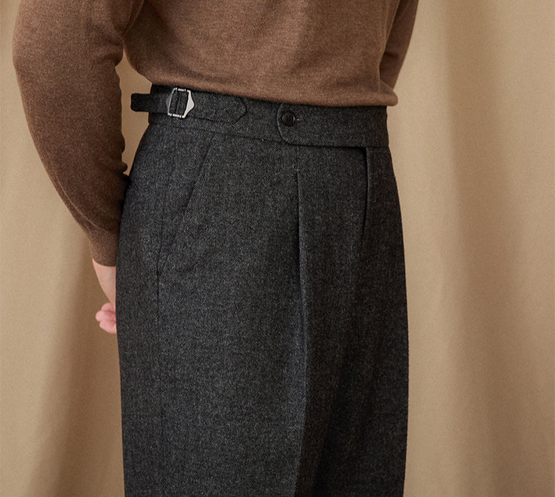 Men’s Herringbone Wool Blend Straight Fit Pleated Trousers