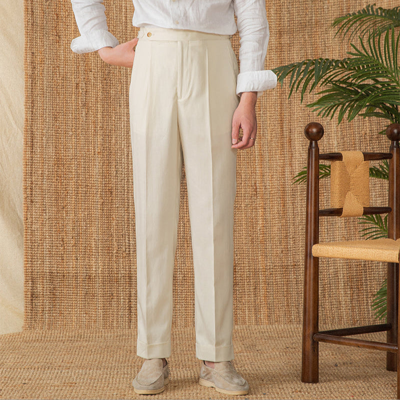 Men’s Cotton Linen Straight Fit Pleated Trousers