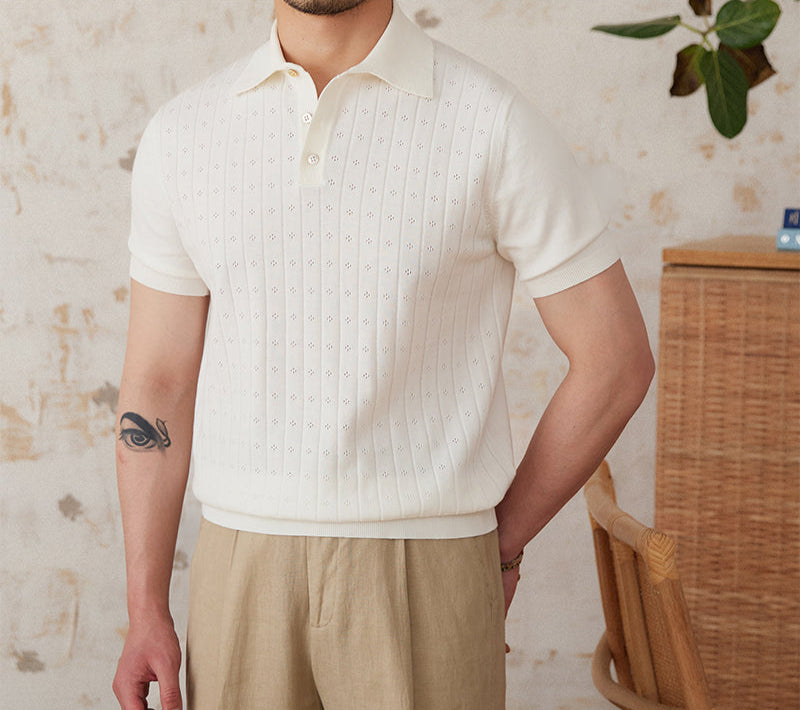 Men’s Pleated Cotton Knit Polo Shirt