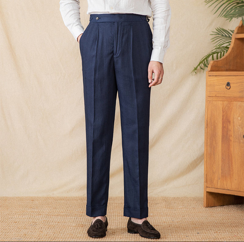 Men’s Cotton Linen Straight Fit Pleated Trousers