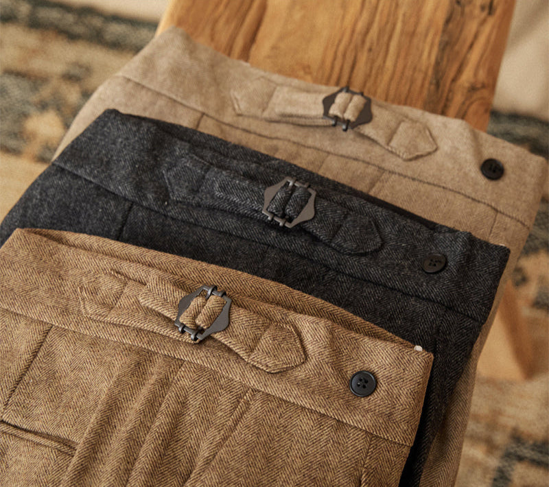 Men’s Herringbone Wool Blend Straight Fit Pleated Trousers