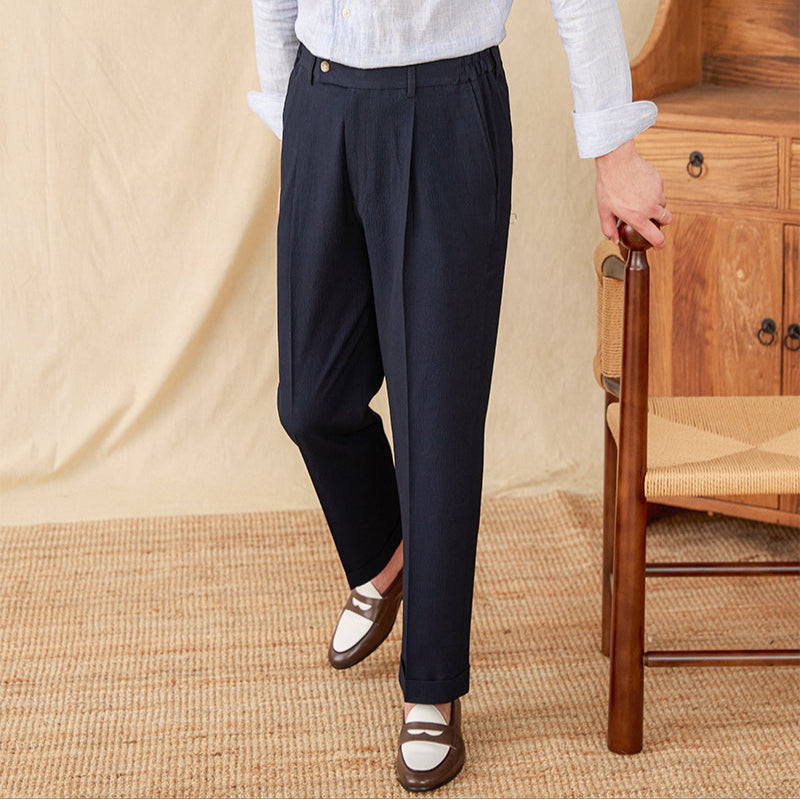 Men’s Seersucker Pleated Straight Fit Trousers