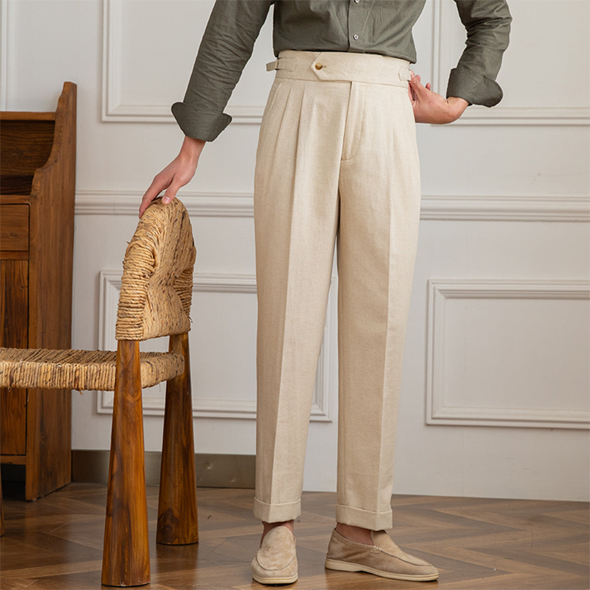 Men's Casino Royale Linen Blend Double Pleated Straight Fit Trousers
