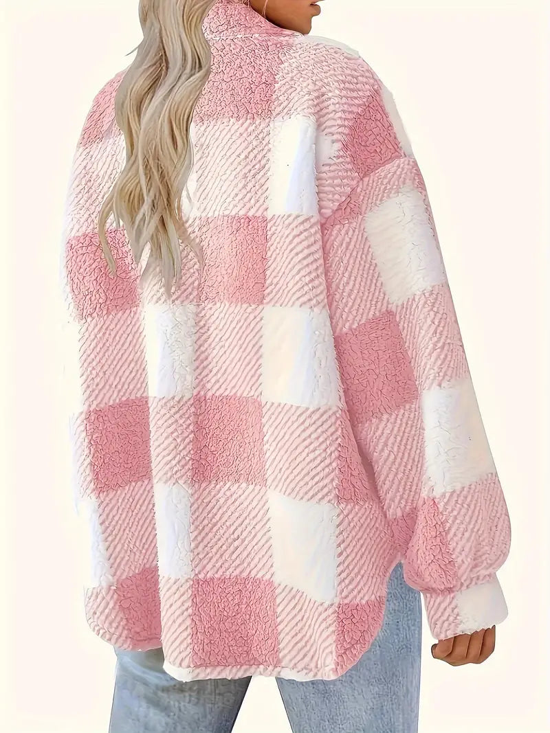 Women's Plaid Jacket with Button Front, Long Sleeves, Warm Polyester Transitional Jacket