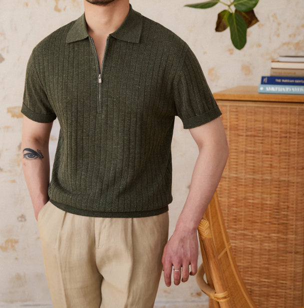 Men's Trieste Linen Blend Pleated Half Zip Polo Shirt