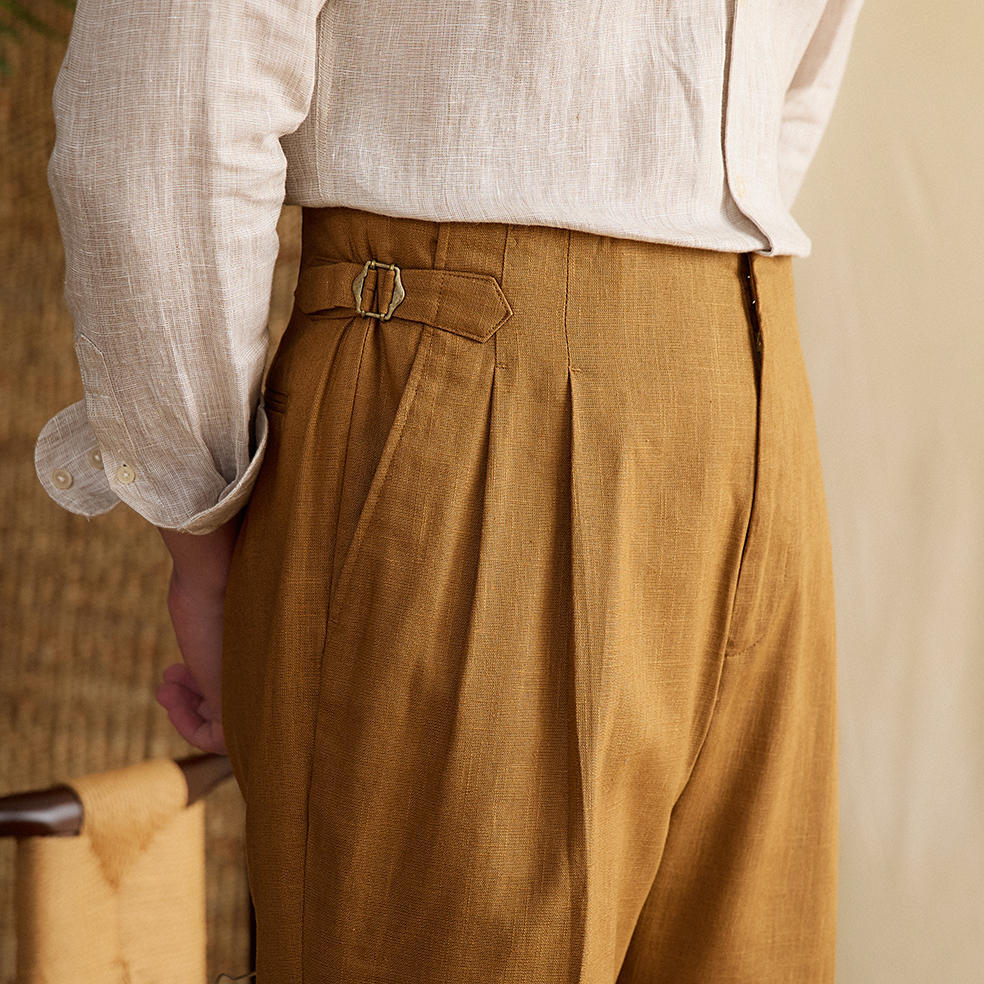 Men's  Semplice Linen Blend Double Pleated Straight Fit Trousers