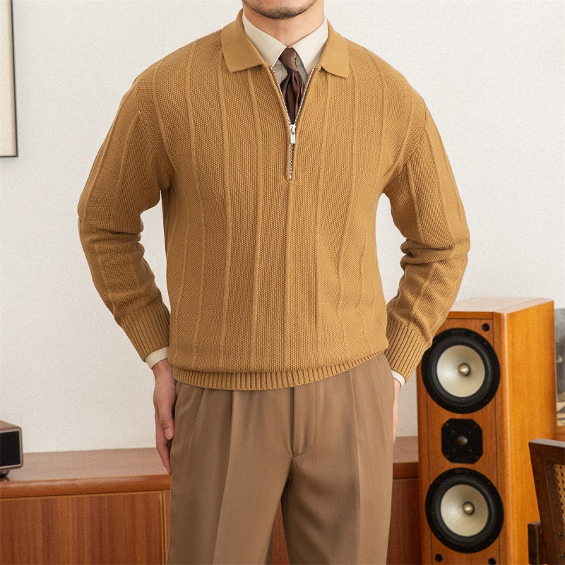 Men's Pleated Elegance Polo Half Zip Knitted Sweater