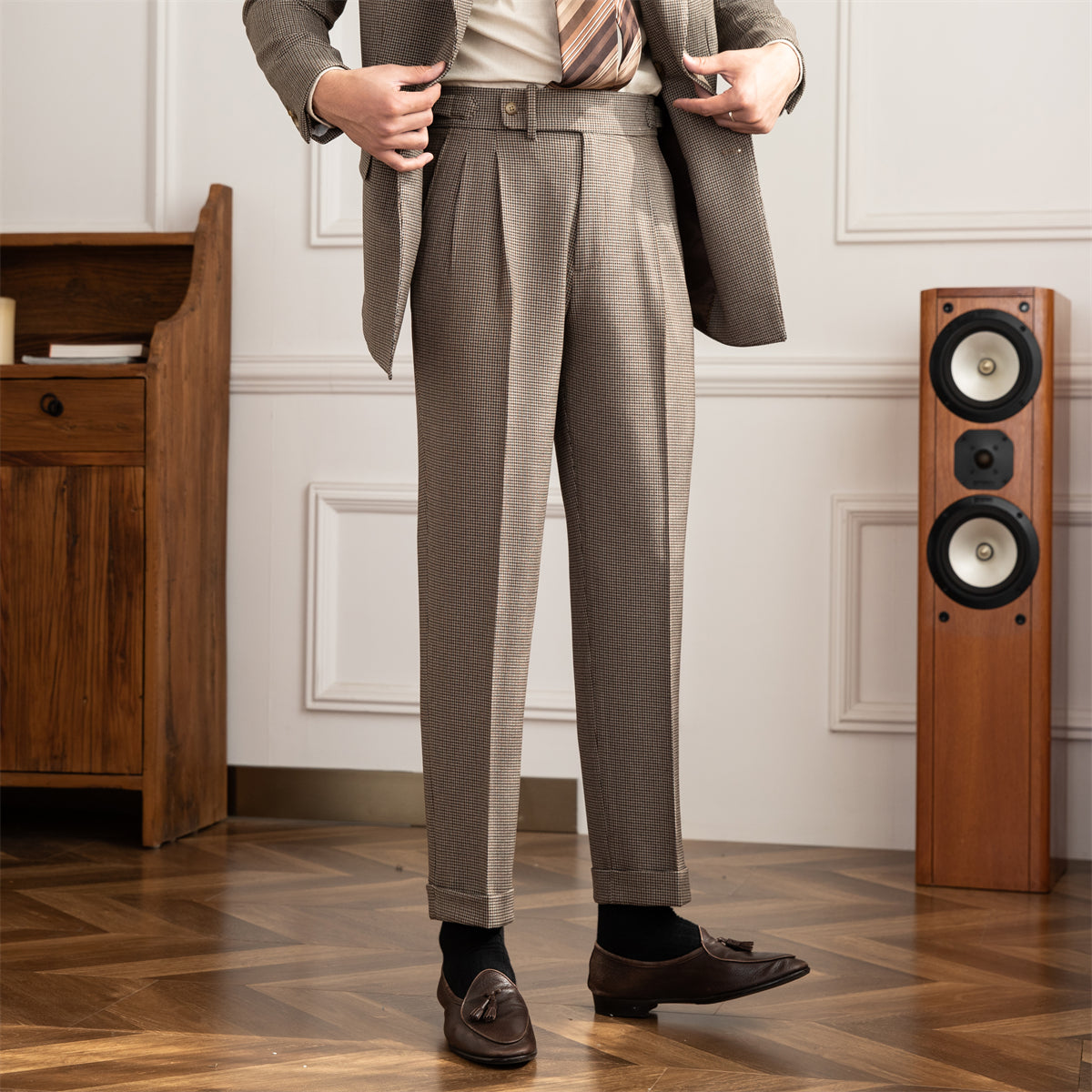 Men's Houndstooth Straight-Fit Trousers with Pleats