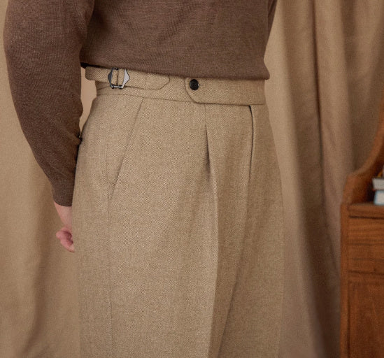 Men’s Herringbone Wool Blend Straight Fit Pleated Trousers