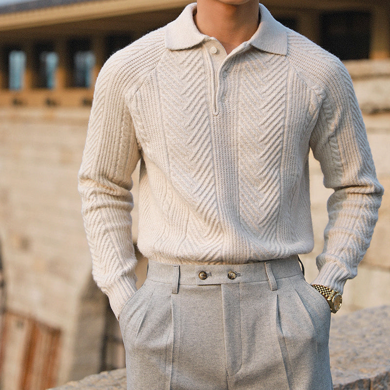 Men's Patten Knitted Long Sleeve Polo Shirt
