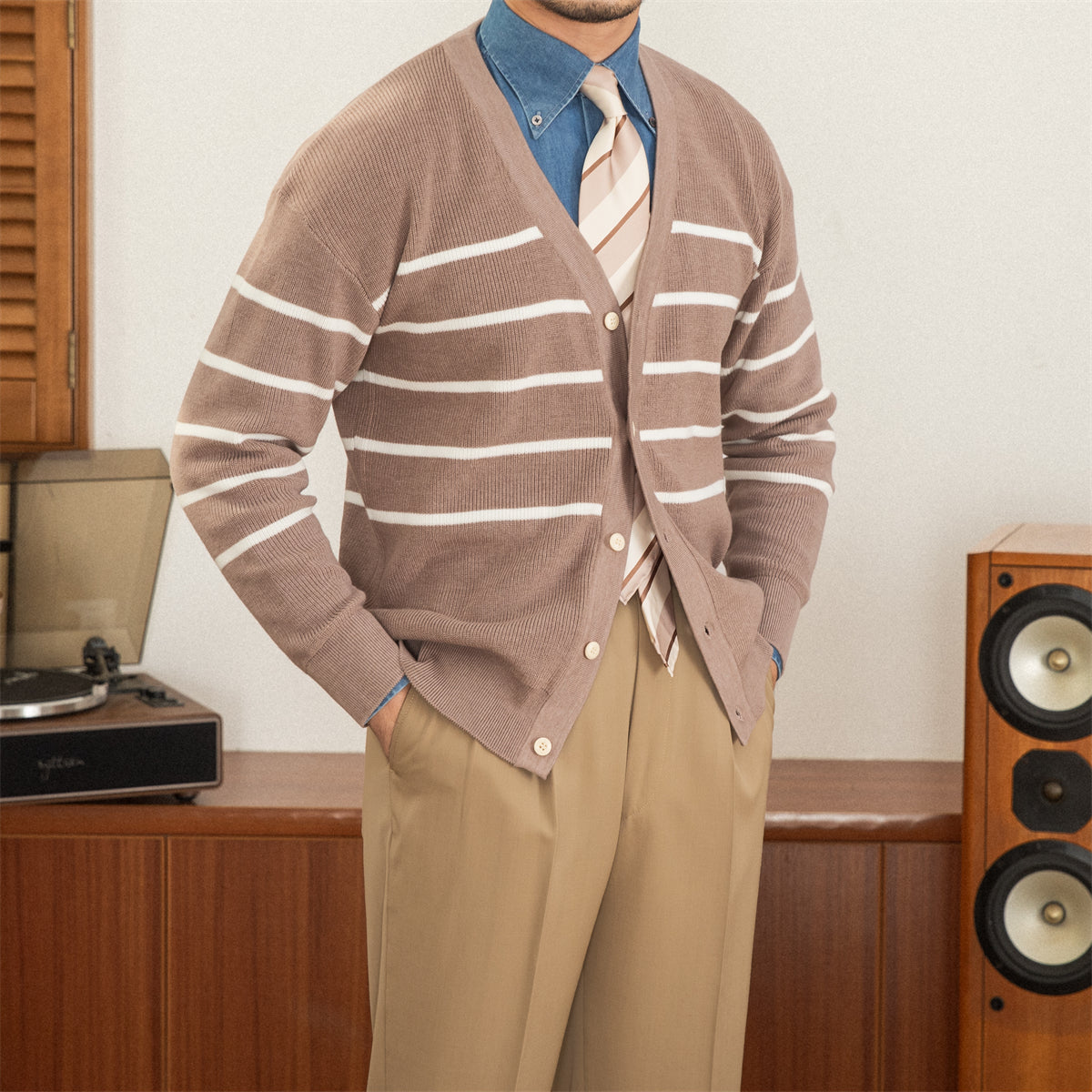 Men’s Striped Knitted Wool Blend Cardigan