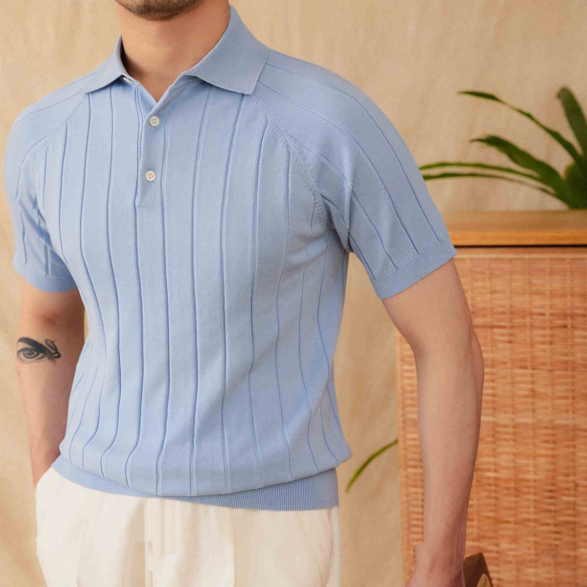 Men’s Pleated Cotton Blend Short Sleeve Polo Shirt