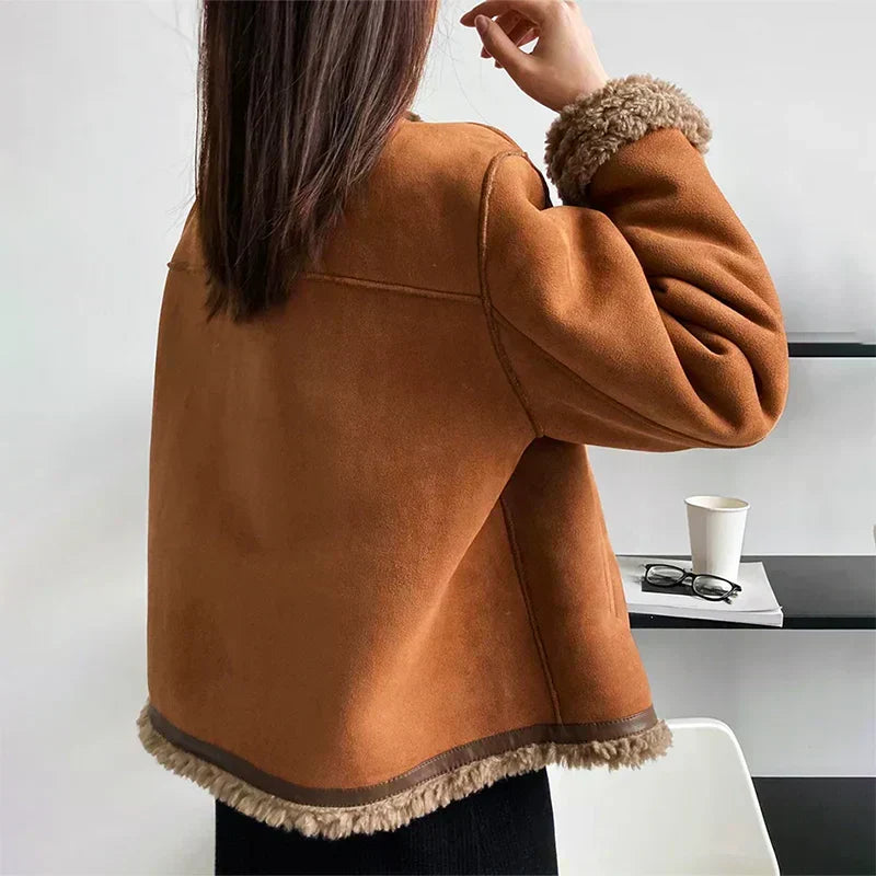 Women's Shearling Jacket with Button Front, Long Sleeves, Lined Winter Coat, Regular Fit