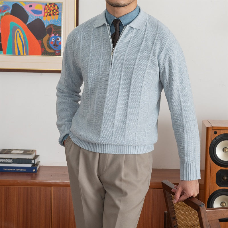 Men's Pleated Elegance Polo Half Zip Knitted Sweater