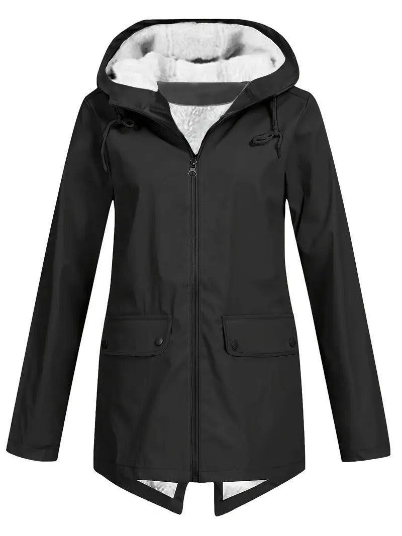 Women's Hooded Winter Jacket, Wind-Resistant, Zip Closure, Flap Pockets, Transitional Jacket