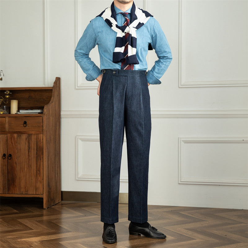 Men's Cotton Straight-Fit Trousers with Pleats