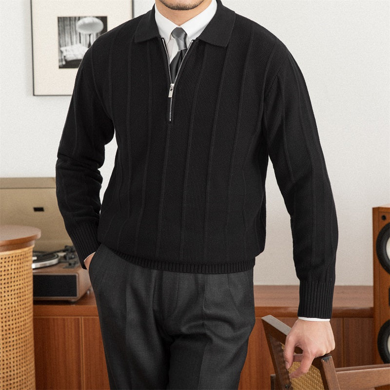 Men's Pleated Elegance Polo Half Zip Knitted Sweater