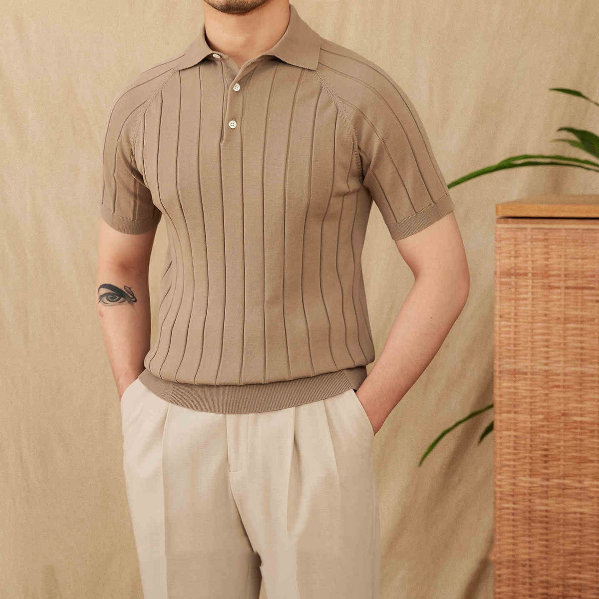 Men’s Pleated Cotton Blend Short Sleeve Polo Shirt