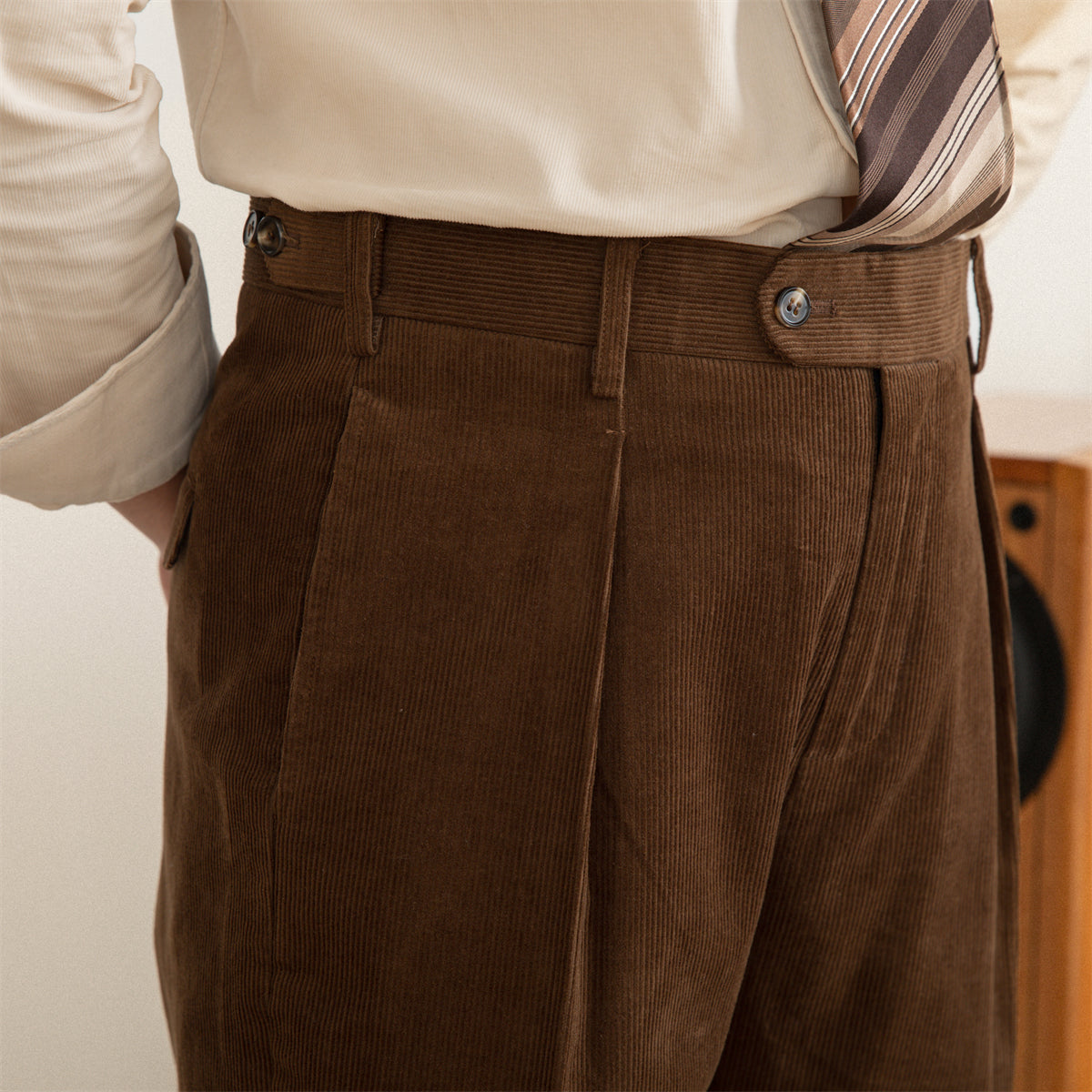 Men's Cotton Corduroy Straight-Fit Trousers with Pleats