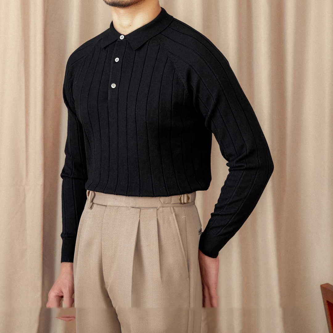 Men’s Pleated Wool Silk Blend Long Sleeve Polo Shirt