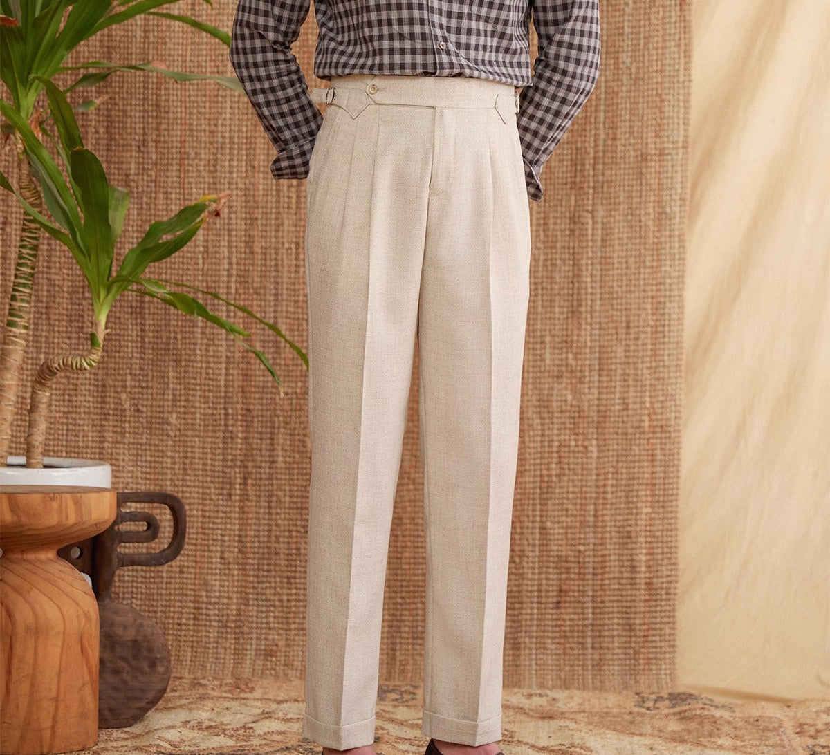 Men's Basel Textured Straight Fit High Waisted Trousers