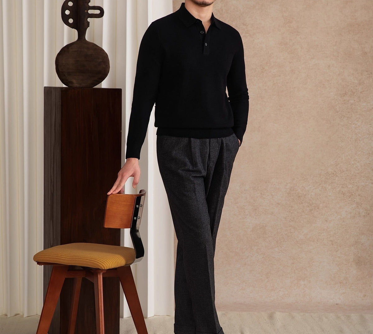 Men's Wool Blend Long Sleeve Polo Shirt