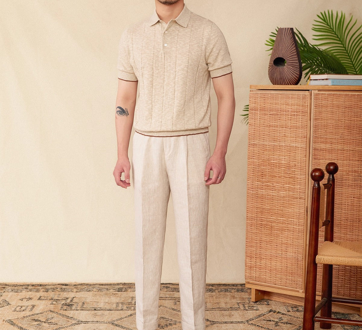 Men's Pleated Cotton-Linen Blend Short Sleeve Polo Shirt