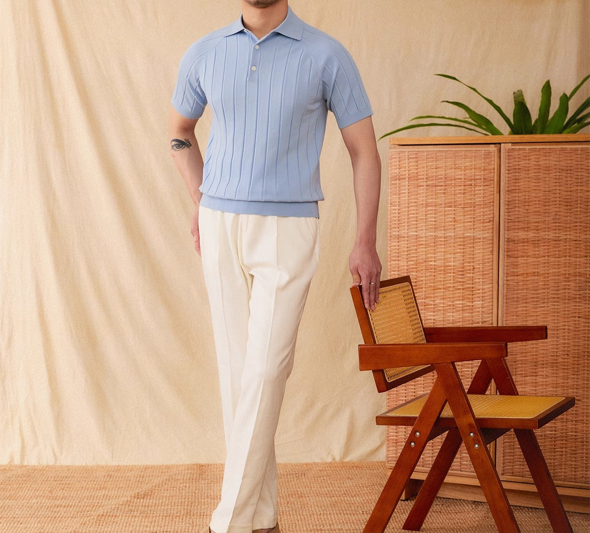 Men’s Pleated Cotton Blend Short Sleeve Polo Shirt