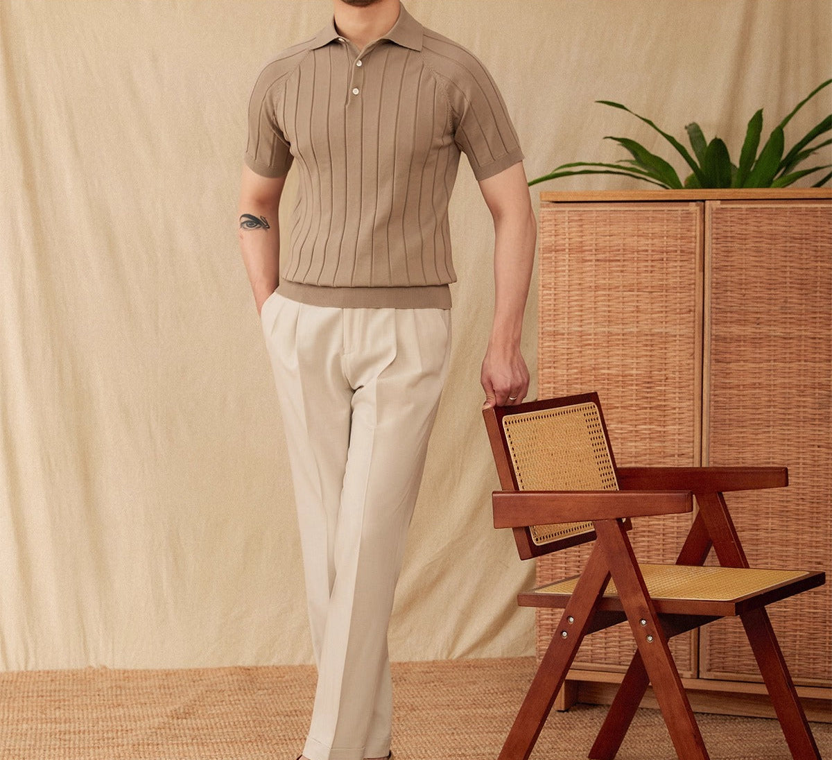 Men’s Pleated Cotton Blend Short Sleeve Polo Shirt