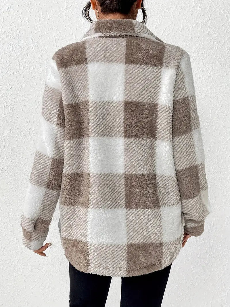 Women's Plaid Jacket with Button Front, Long Sleeves, Warm Polyester Transitional Jacket