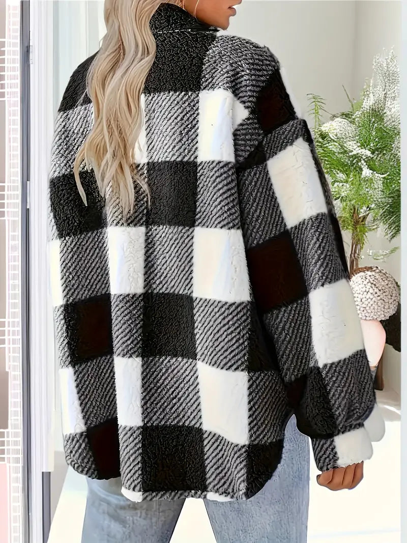 Women's Plaid Jacket with Button Front, Long Sleeves, Warm Polyester Transitional Jacket